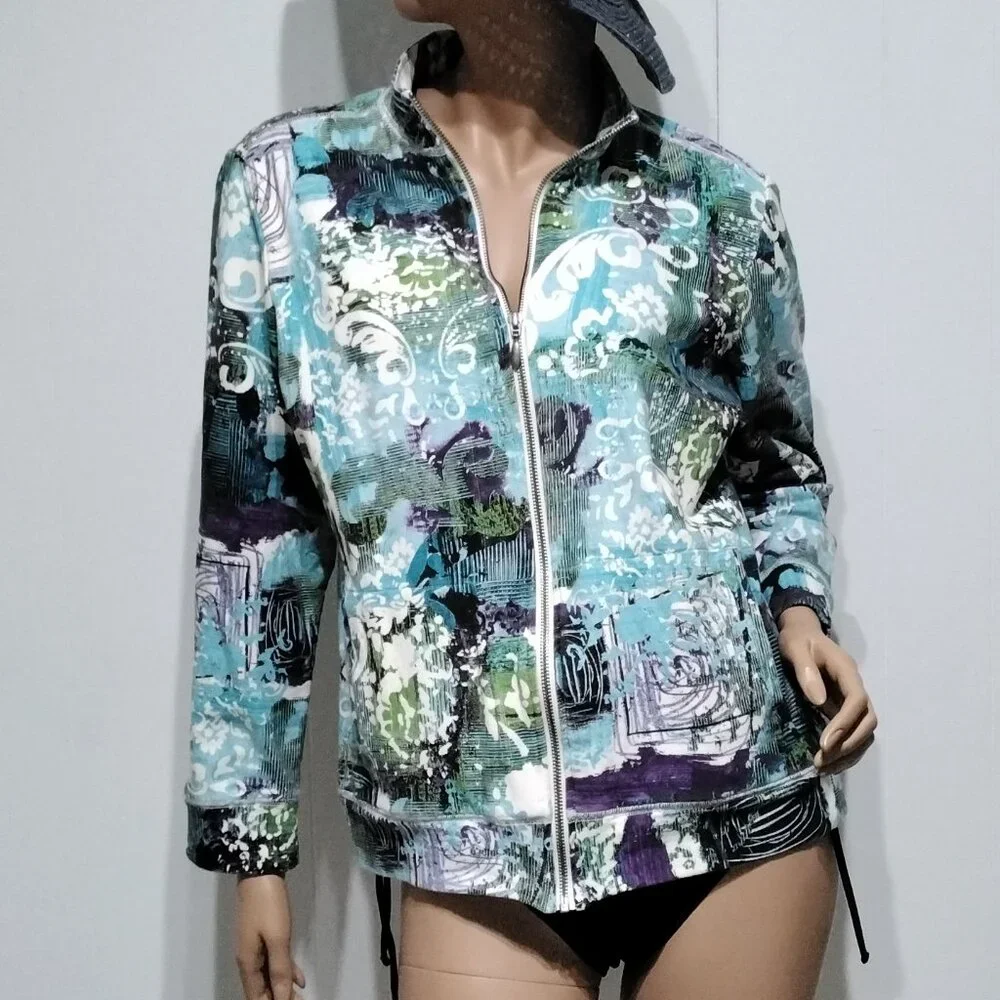 Additions by Chico's Funky Floral Abstract multi-color Zip Light Jacket Size 2 - Picture 8 of 16